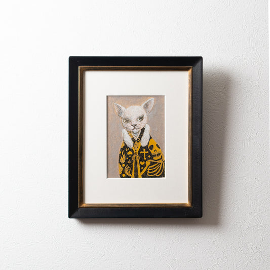 【原画 1点限り】 山口祥治作 絵画 「猫と骸骨」