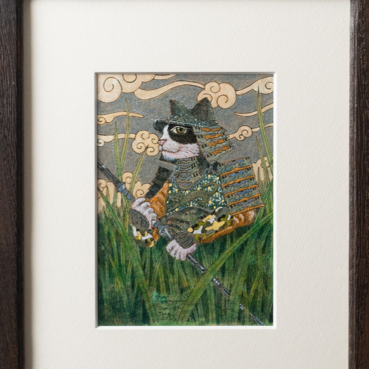 【原画 1点限り】 山口祥治作 絵画 「猫サムライ」