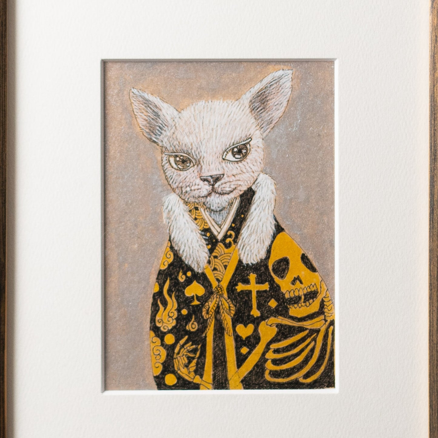 【原画 1点限り】 山口祥治作 絵画 「猫と骸骨」
