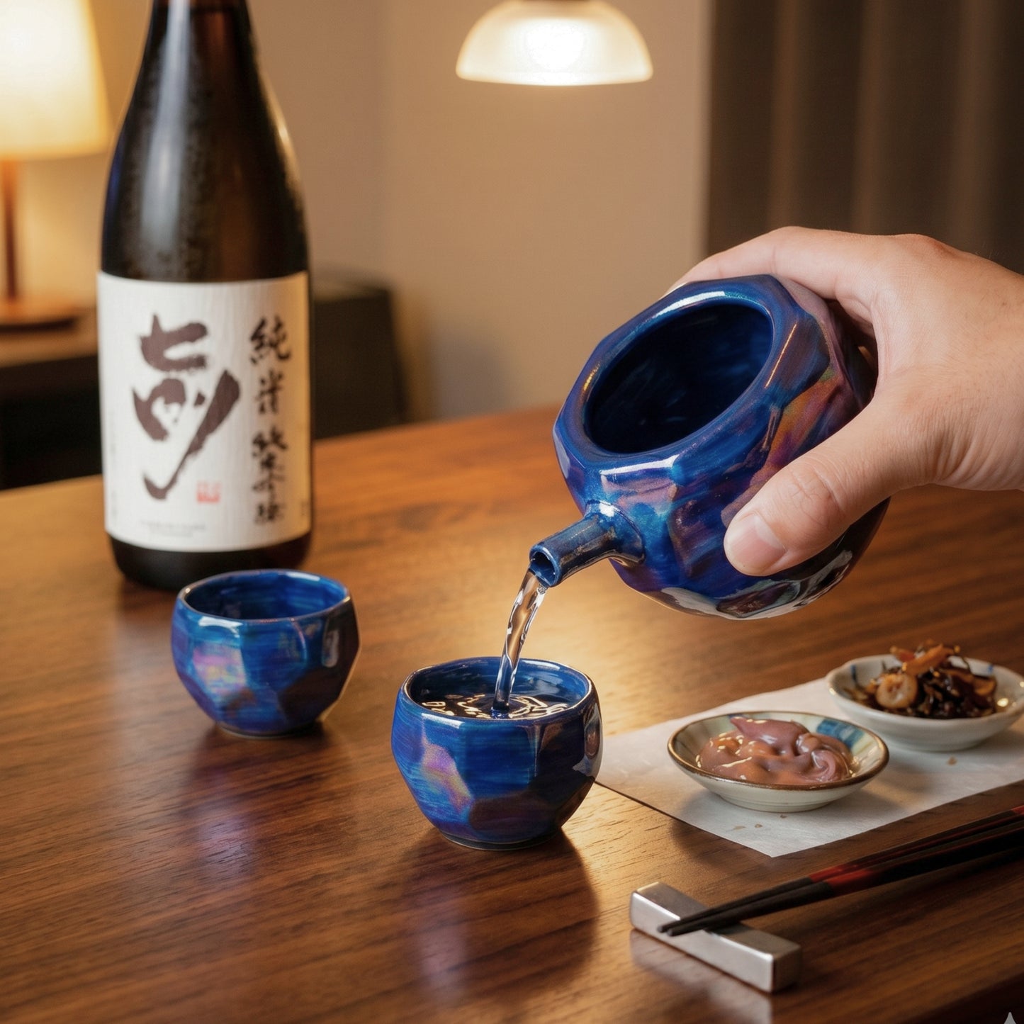 【有田焼】いつもの日本酒が格上げされる ラスター彩 酒器 3点セット（片口・ぐい呑み 青）｜電子レンジ対応・山口祥治デザイン